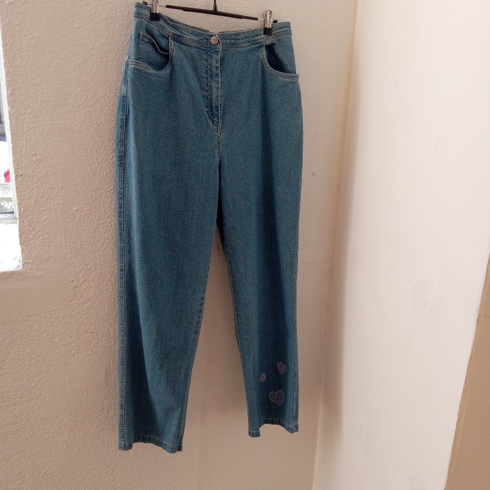 Vintage denim jeans with rhinestone hearts